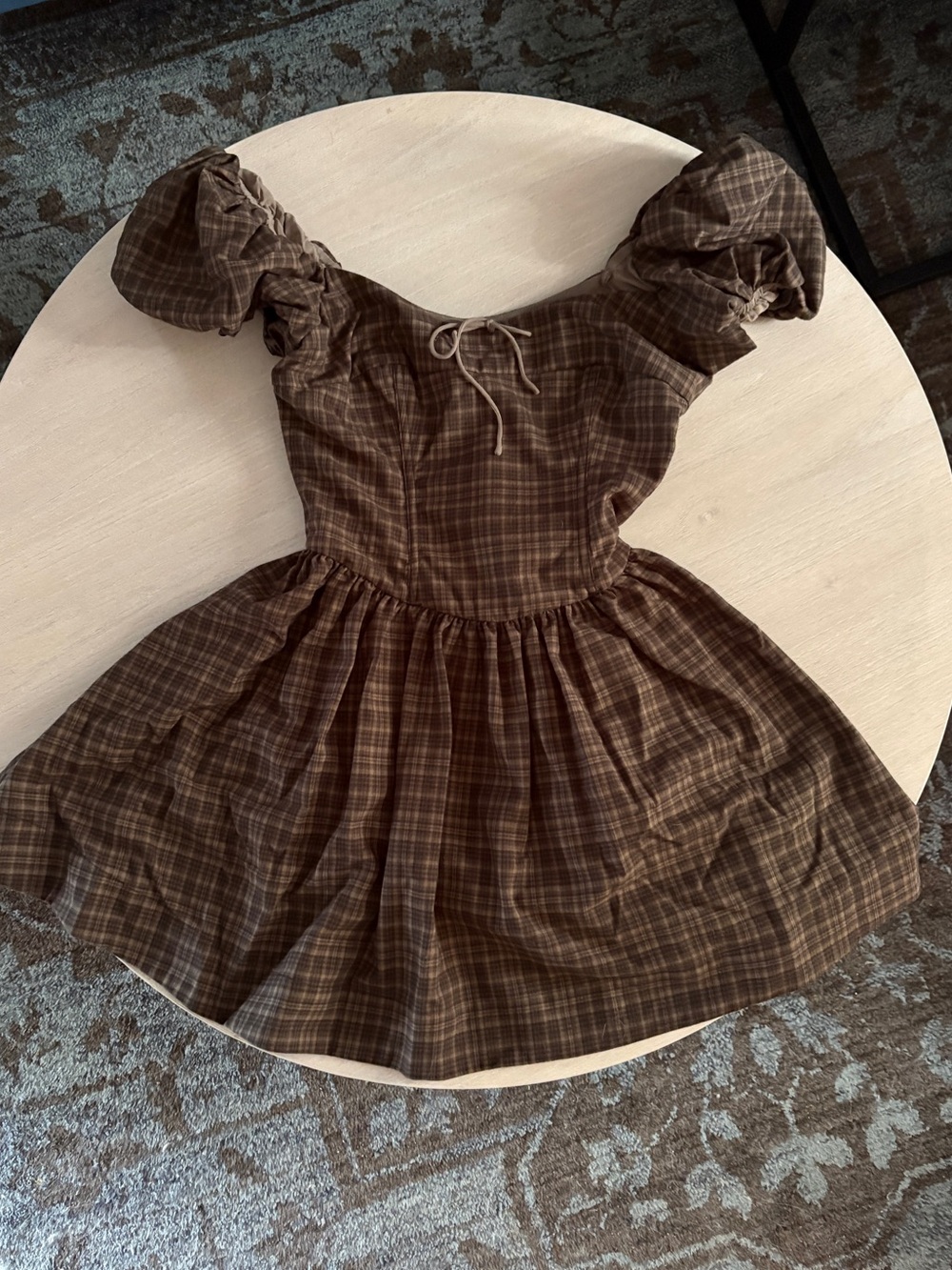 For Love And Lemons Brown Tones Plaid Puff-Sleeve Dress
